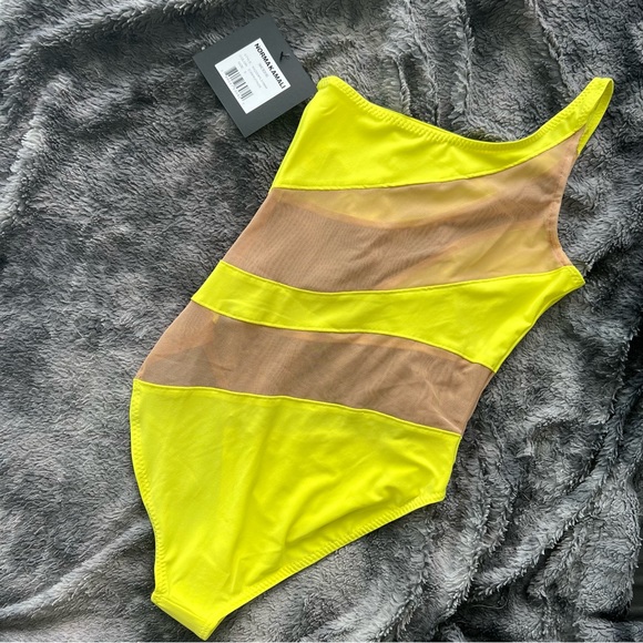 $265 NORMA KAMALI Snake Mesh One-Shoulder Swimsuit Bodysuit Nude Yellow XXS - Picture 14 of 16